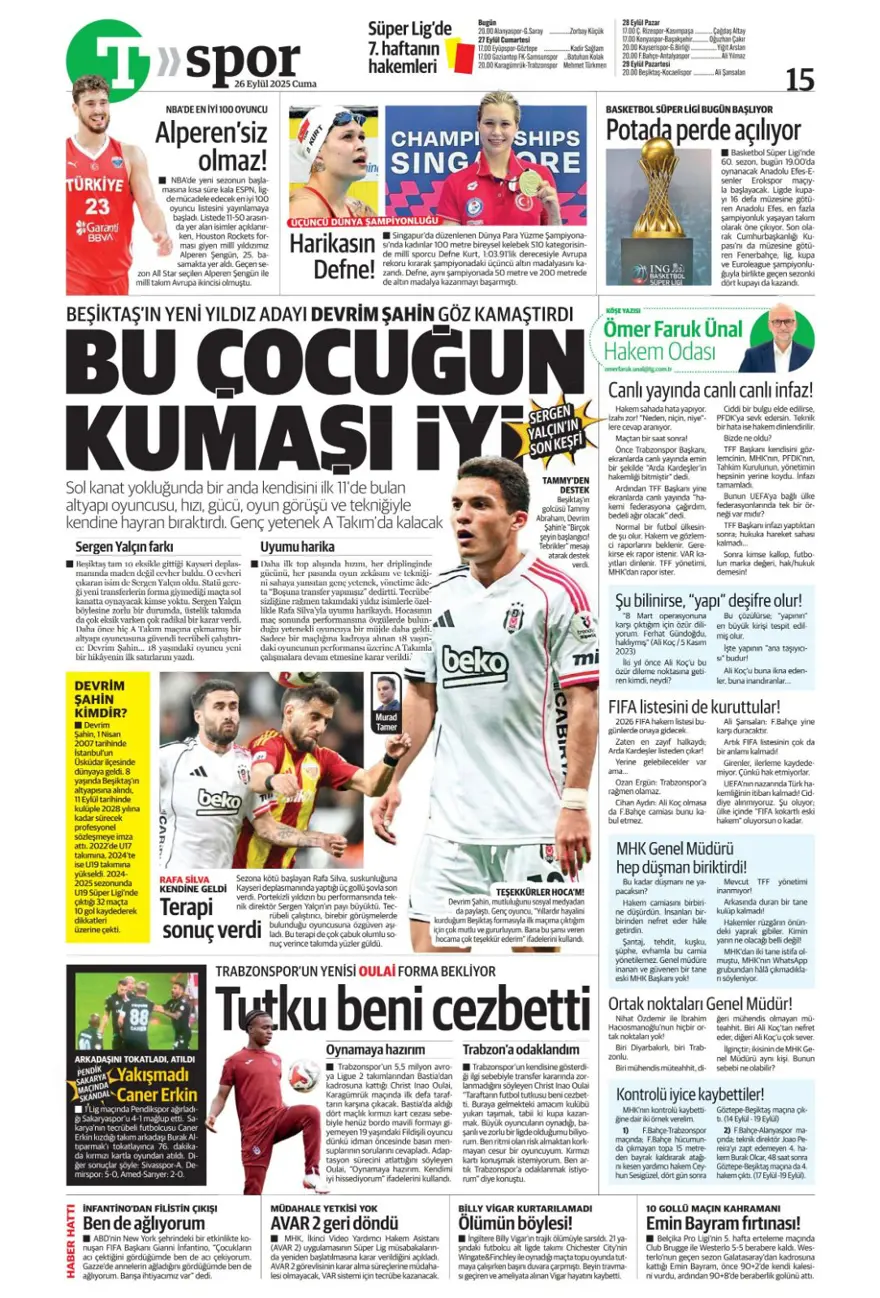 "Tedesco görüşme odasına" (26 Eylül 2025 spor manşetleri) 22 "Tedesco görüşme odasına" (26 Eylül 2025 spor manşetleri) 22