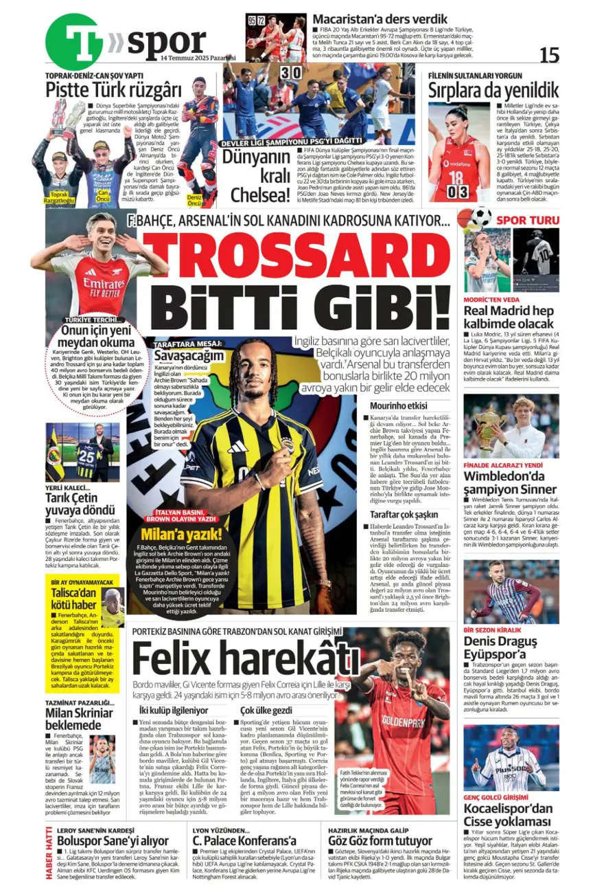 "Pasta Asensio, çilek Bissouma" (14 Temmuz 2025 spor manşetleri) 21