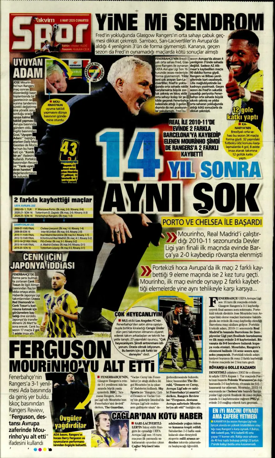 "Fatura Mourinho'ya" (8 Mart 2025 spor manşetleri) 12 "Fatura Mourinho'ya" (8 Mart 2025 spor manşetleri) 12