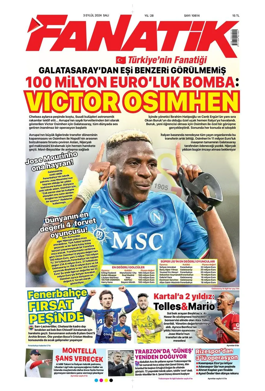 "100 milyon euroluk golcü" (3 Eylül 2024 spor manşetleri) 1