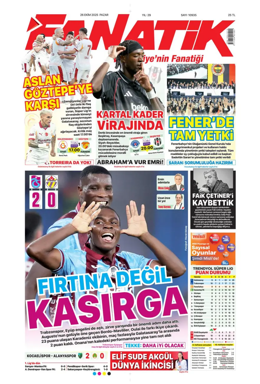 "Dörtlüleri yaktı, Aslan'ı bekliyor" (26 Ekim 2025 spor manşetleri) 