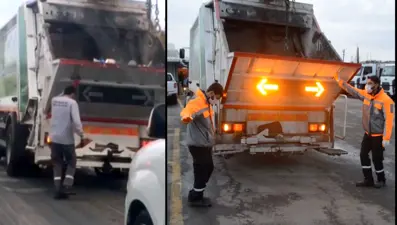 Kırmızı ışıkta çöp kamyonundan inip oynadı