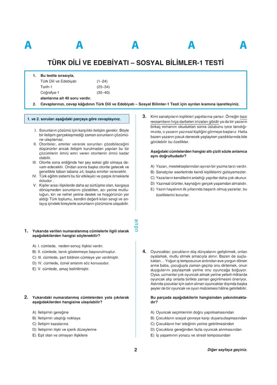 Uğur Okulları YKS - AYT deneme sınavı 1 Uğur Okulları YKS - AYT deneme sınavı 1