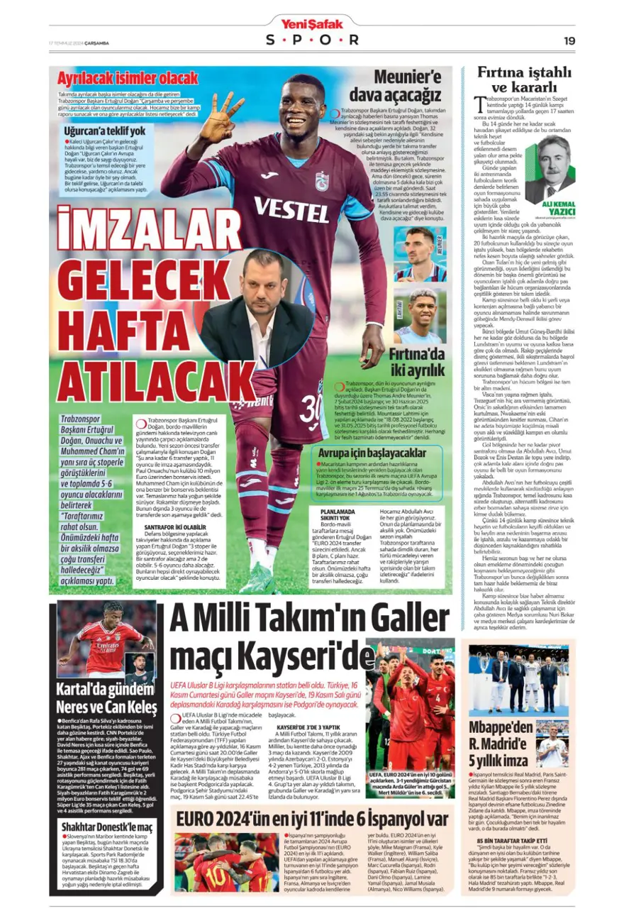 "Son aday Jelert" (17 Temmuz 2024 spor manşetleri) 17