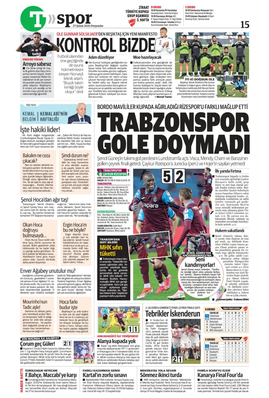 "Derbinin ardından gözler kupada" (27 Şubat 2025 spor manşetleri) 17