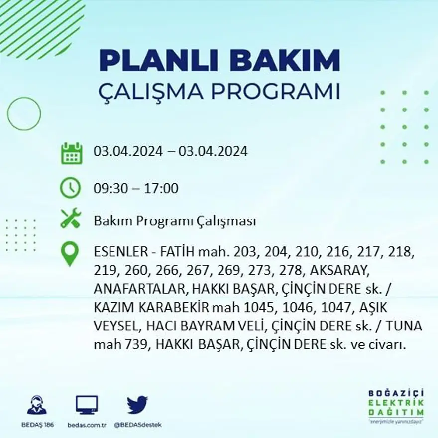 İstanbul'un 19 ilçesinde elektrik kesintisi: Elektrikler ne zaman gelecek? (3 Nisan tarihli BEDAŞ kesinti programı) 33