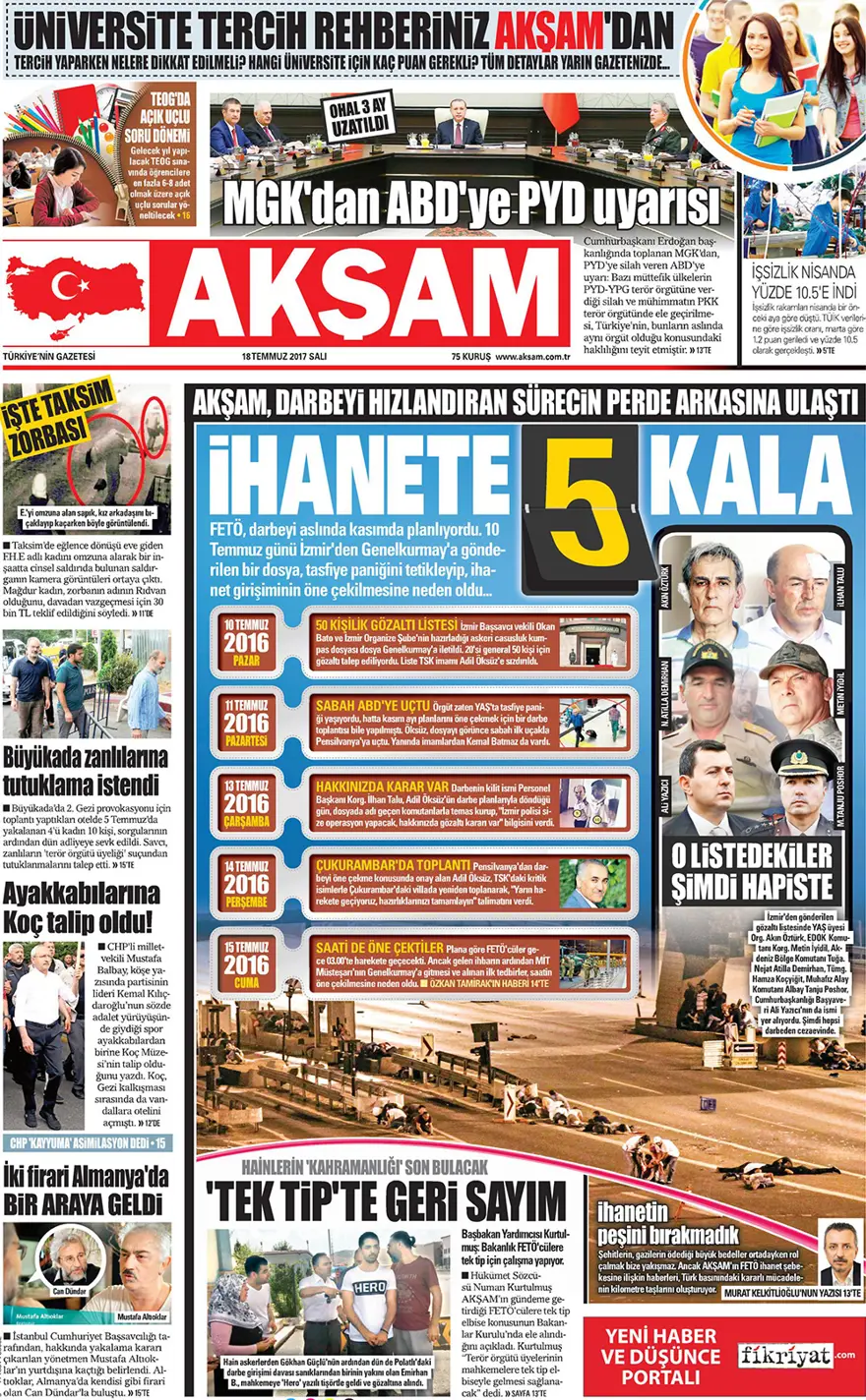 Günün gazete manşetleri - 18 Temmuz 2017 14