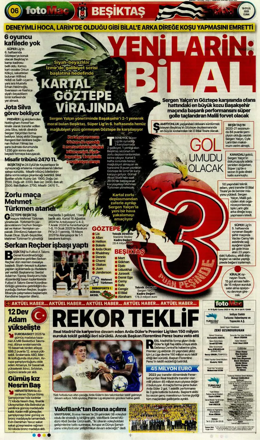 "Kabus gibi başlangıç" (19 Eylül spor manşetleri) 7