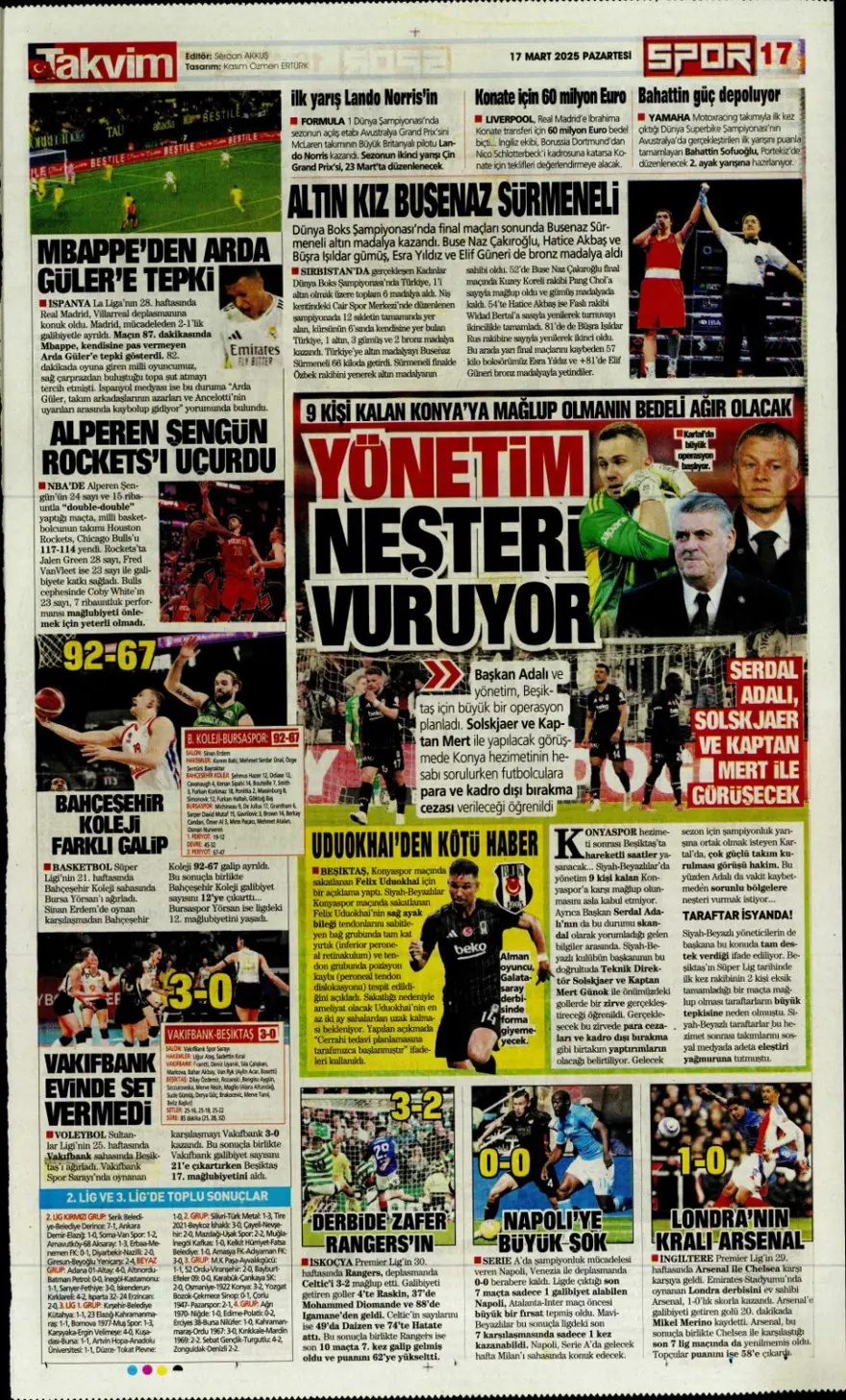 "Üç günde rüyadan kabusa" (17 Mart 2025 spor manşetleri) 12