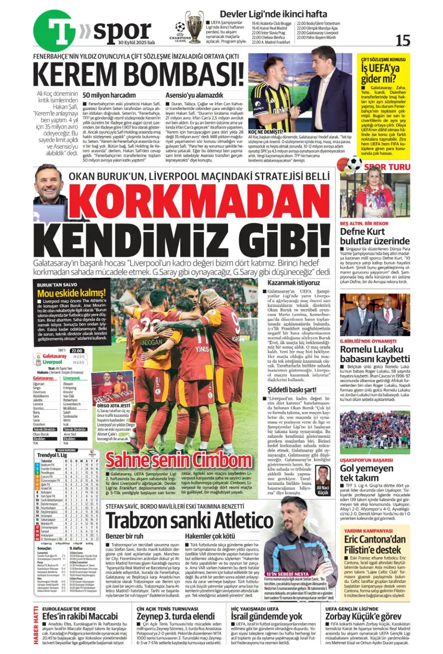 "Cehennem Liverpool'u bekliyor" (30 Eylül 2025 spor manşetleri) 29
