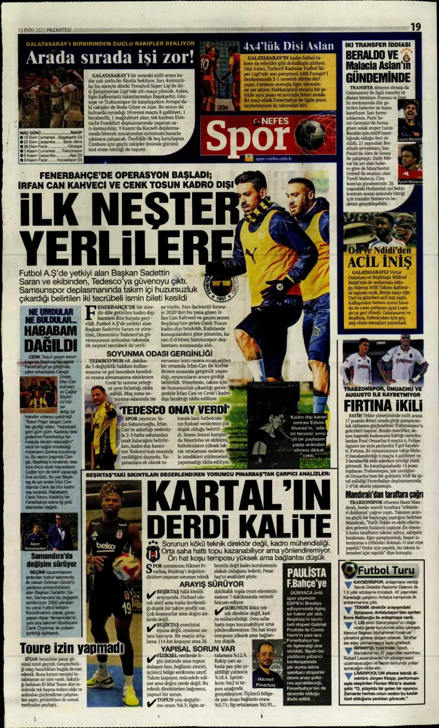 "Bayern'in dinamosu Fener'e..." (13 Ekim 2025 spor manşetleri) 11