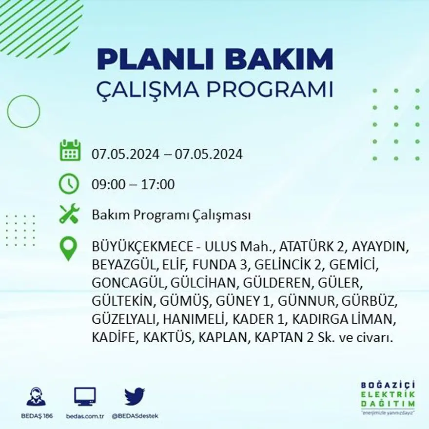 İstanbul'un 23 ilçesinde elektrik kesintisi: Elektrikler ne zaman gelecek? (7 Mayıs tarihli BEDAŞ kesinti programı) 24 İstanbul'un 23 ilçesinde elektrik kesintisi: Elektrikler ne zaman gelecek? (7 Mayıs tarihli BEDAŞ kesinti programı) 24