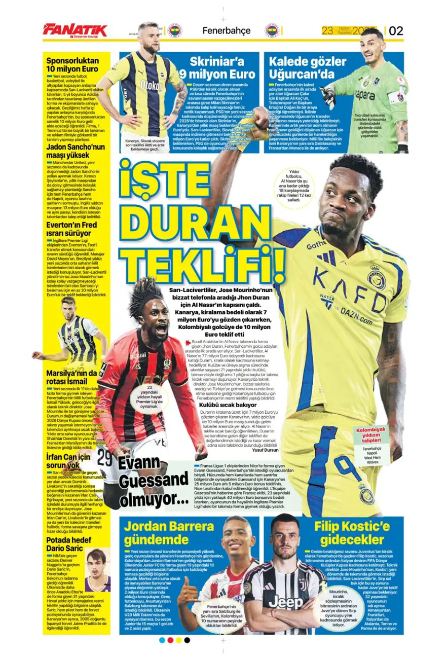 "Hedef Sancho, rakip Napoli" (23 Haziran 2025 spor manşetleri) 1