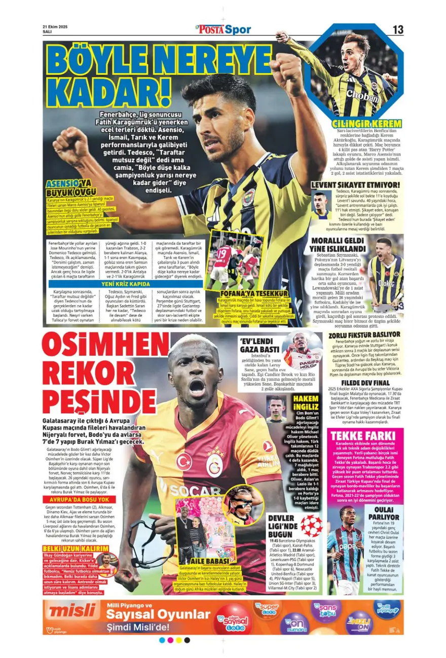 "Fenerbahçe'nin kader virajı" (21 Ekim 2025 spor manşetleri) 16