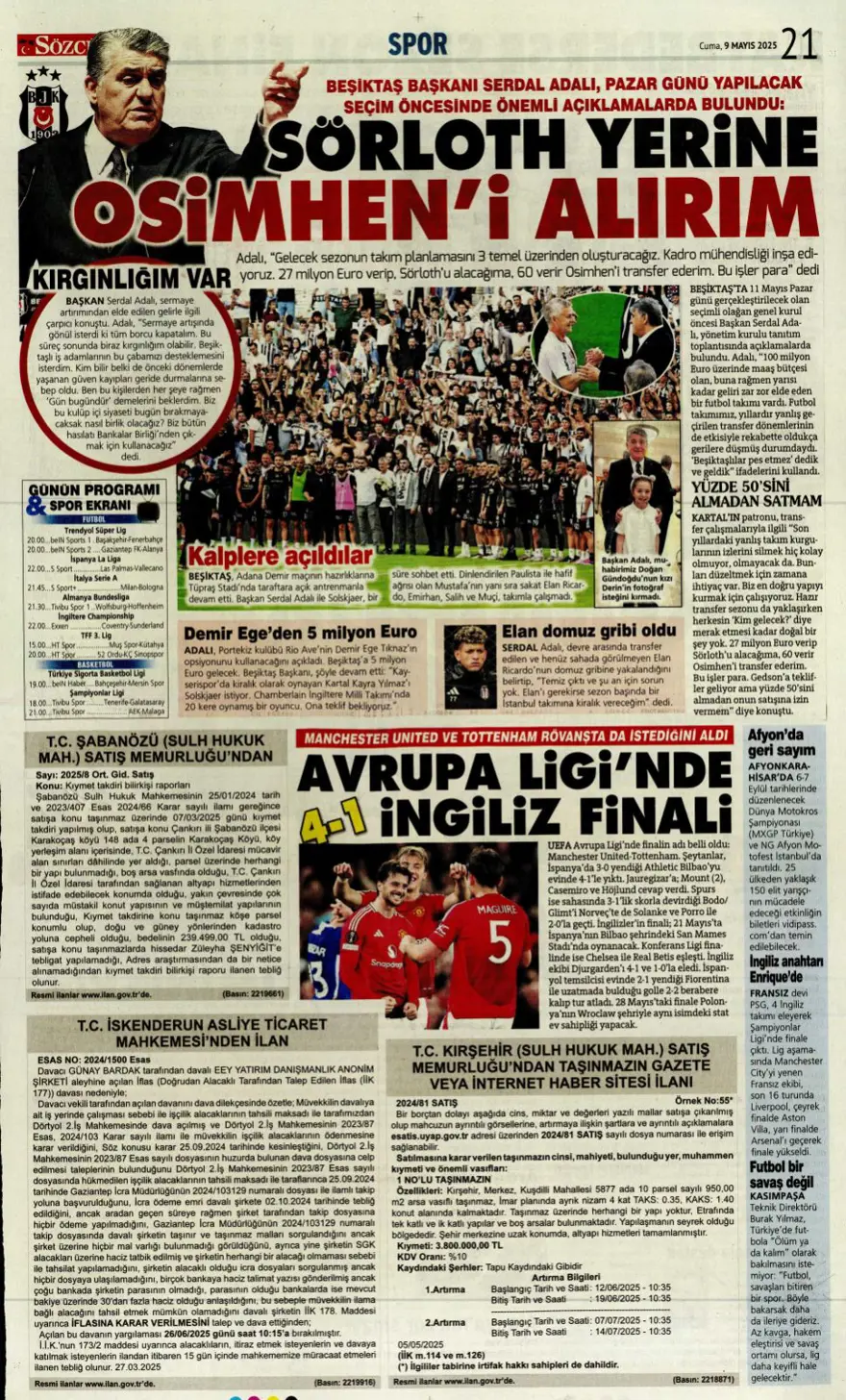 "Galatasaray 10'un peşini bırakmıyor" (9 Mayıs 2025 spor manşetleri) 27