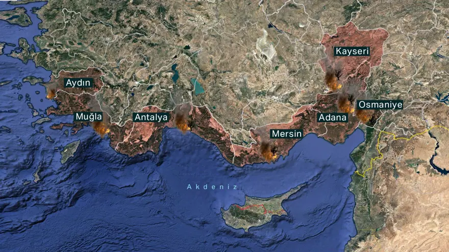Yangın çıkan iller: Antalya, Adana, Mersin,Muğla, Osmaniye ve Kayseri 'de orman yangınları 