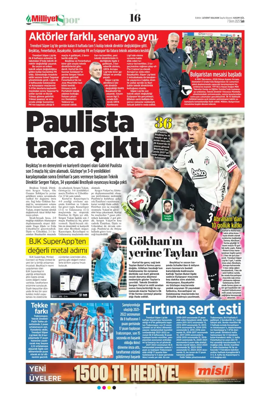 "100 milyonluk hayal kırıklığı" (7 Ekim 2025 spor manşetleri) 7