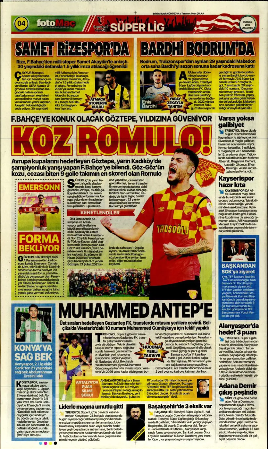 "Aslan'dan Talisca atağı" (25 Ocak 2025 spor manşetleri) 15