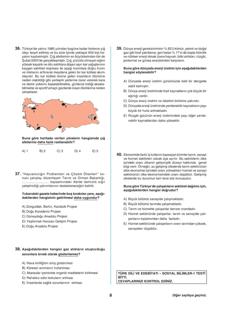 Uğur Okulları AYT -1 deneme sınavı 7