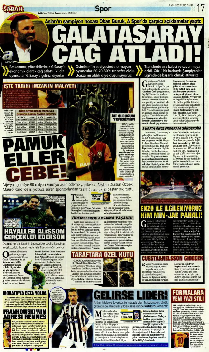 "Her yer karanlık" (1 Ağustos 2025 spor manşetleri) 18