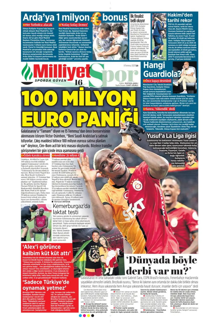 "100 milyon euro paniği" (8 Temmuz 2025 spor manşetleri) 14