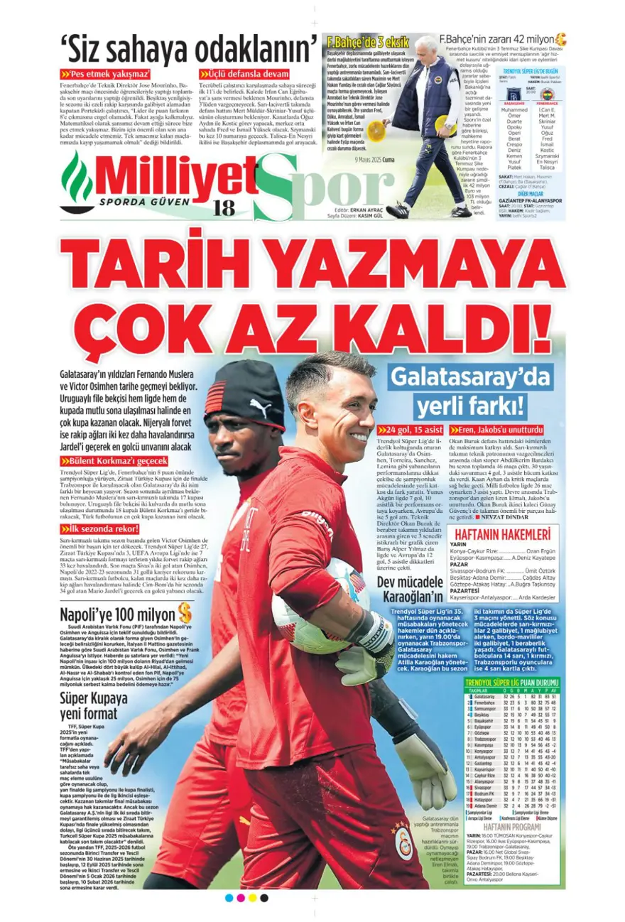 "Galatasaray 10'un peşini bırakmıyor" (9 Mayıs 2025 spor manşetleri) 22
