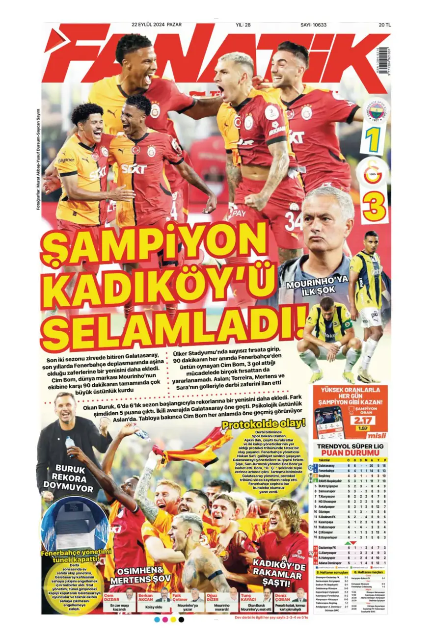 "Kadıköy Aslan'ı Galatasaray" (22 Eylül 2024 spor manşetleri) 3