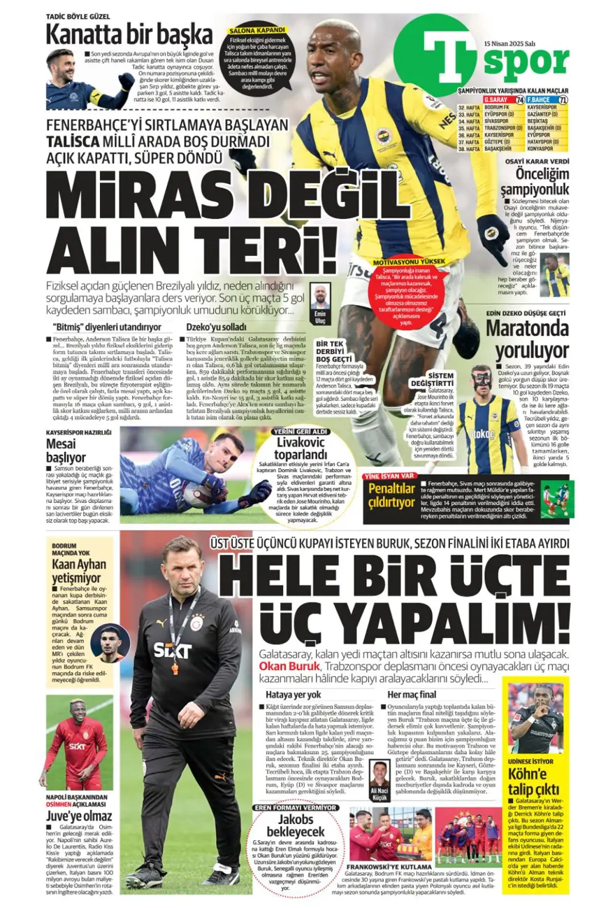 "Mertens'in yerine dünya yıldızı" (15 Nisan 2025 spor manşetleri) 16