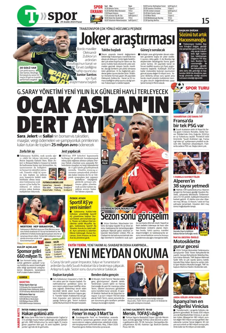 "Galatasaray'dan dünya yıldızı operasyonu" (29 Aralık 2024 spor manşetleri) 16
