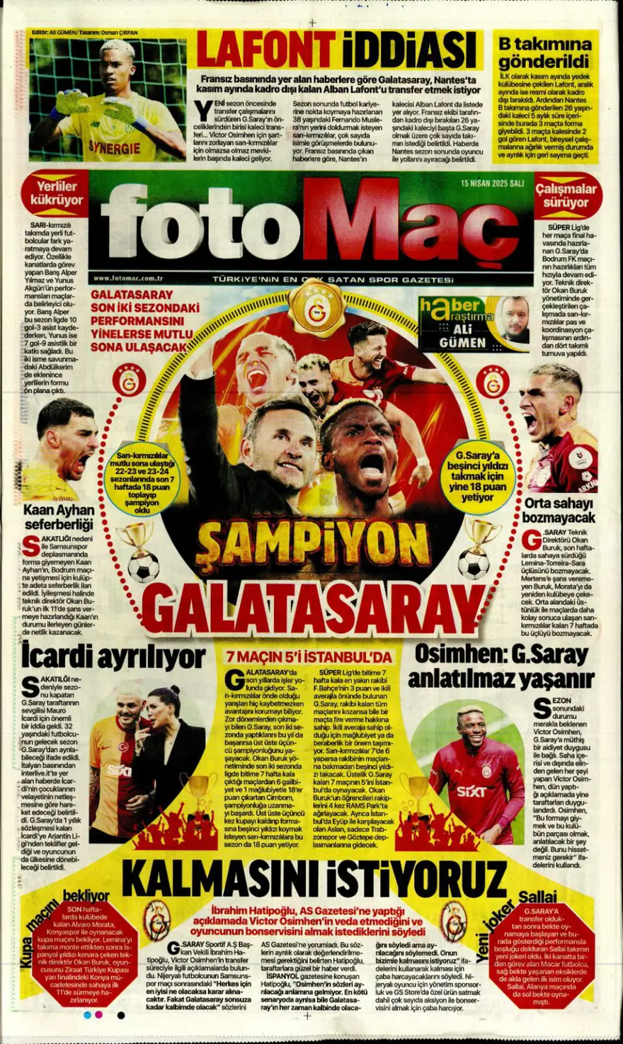 "Mertens'in yerine dünya yıldızı" (15 Nisan 2025 spor manşetleri) 6