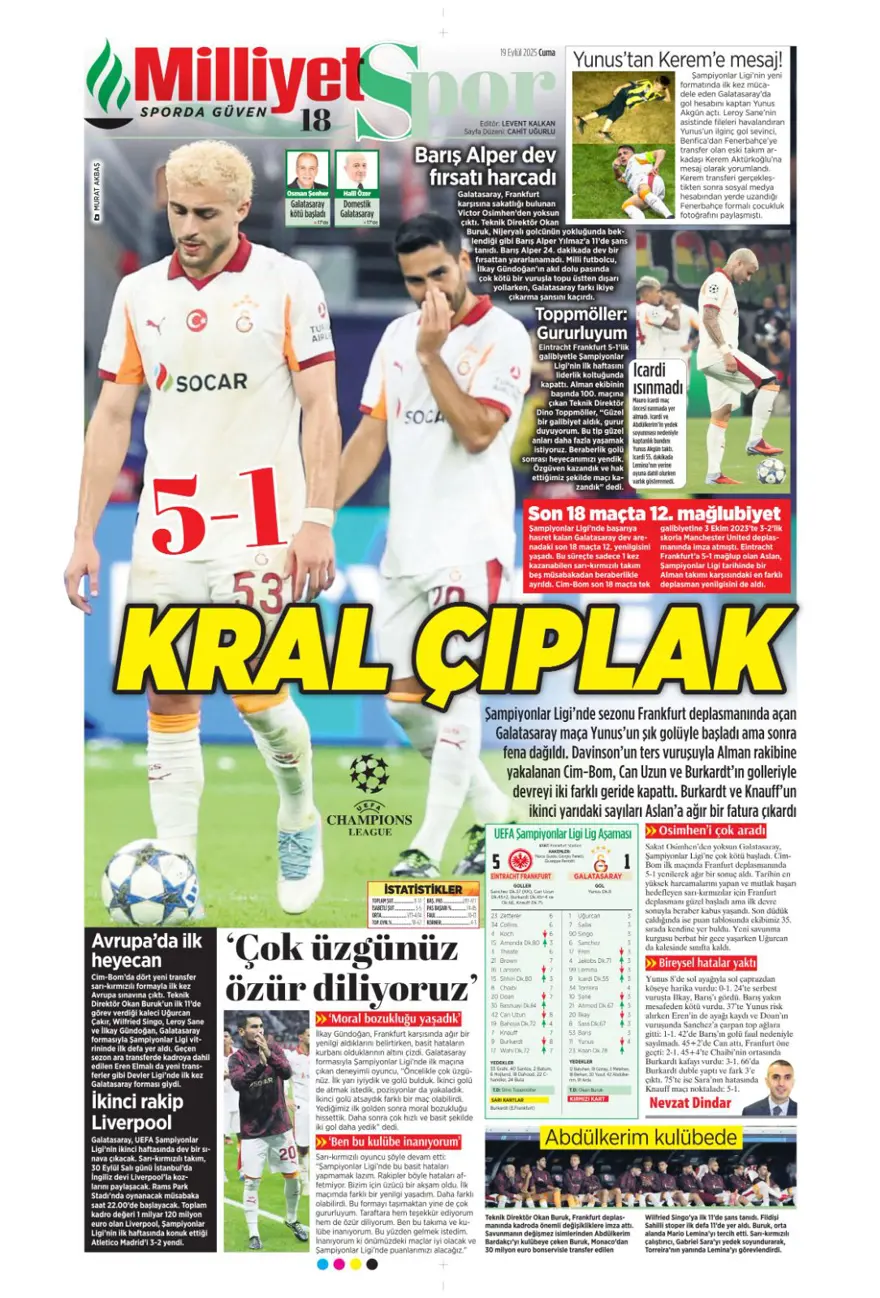 "Kabus gibi başlangıç" (19 Eylül spor manşetleri) 15