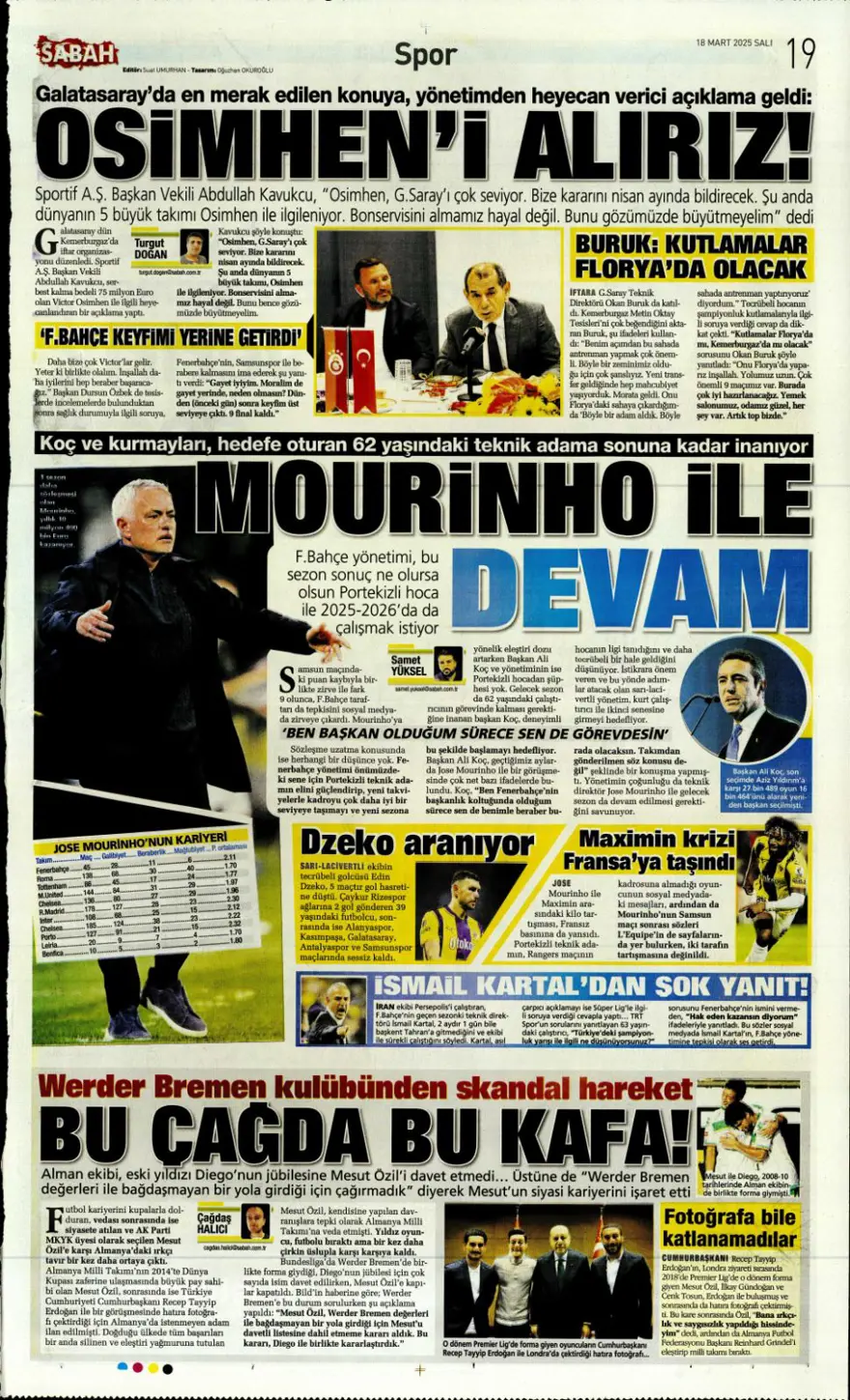 "Osimhen için iki seçenek var" (18 Mart 2025 spor manşetleri) 19