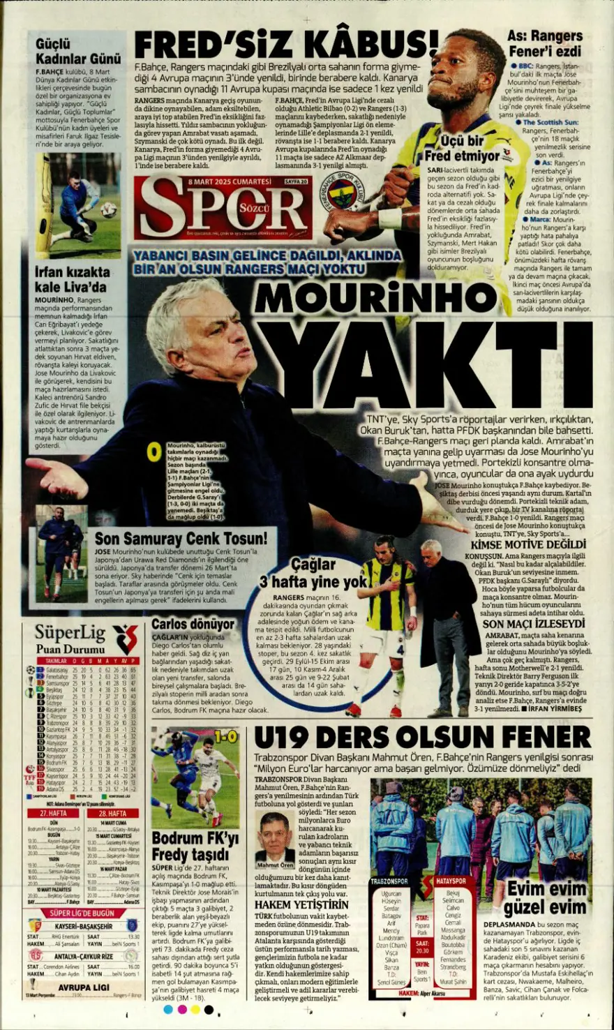 "Fatura Mourinho'ya" (8 Mart 2025 spor manşetleri) 10 "Fatura Mourinho'ya" (8 Mart 2025 spor manşetleri) 10