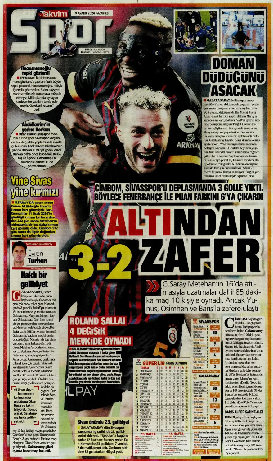 "Bayram yarım kaldı" (9 Aralık 2024 spor manşetleri) 12