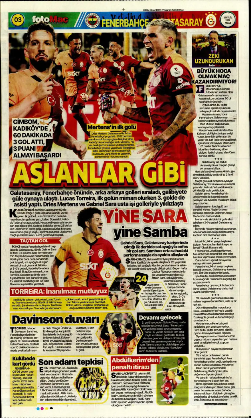 "Kadıköy Aslan'ı Galatasaray" (22 Eylül 2024 spor manşetleri) 13