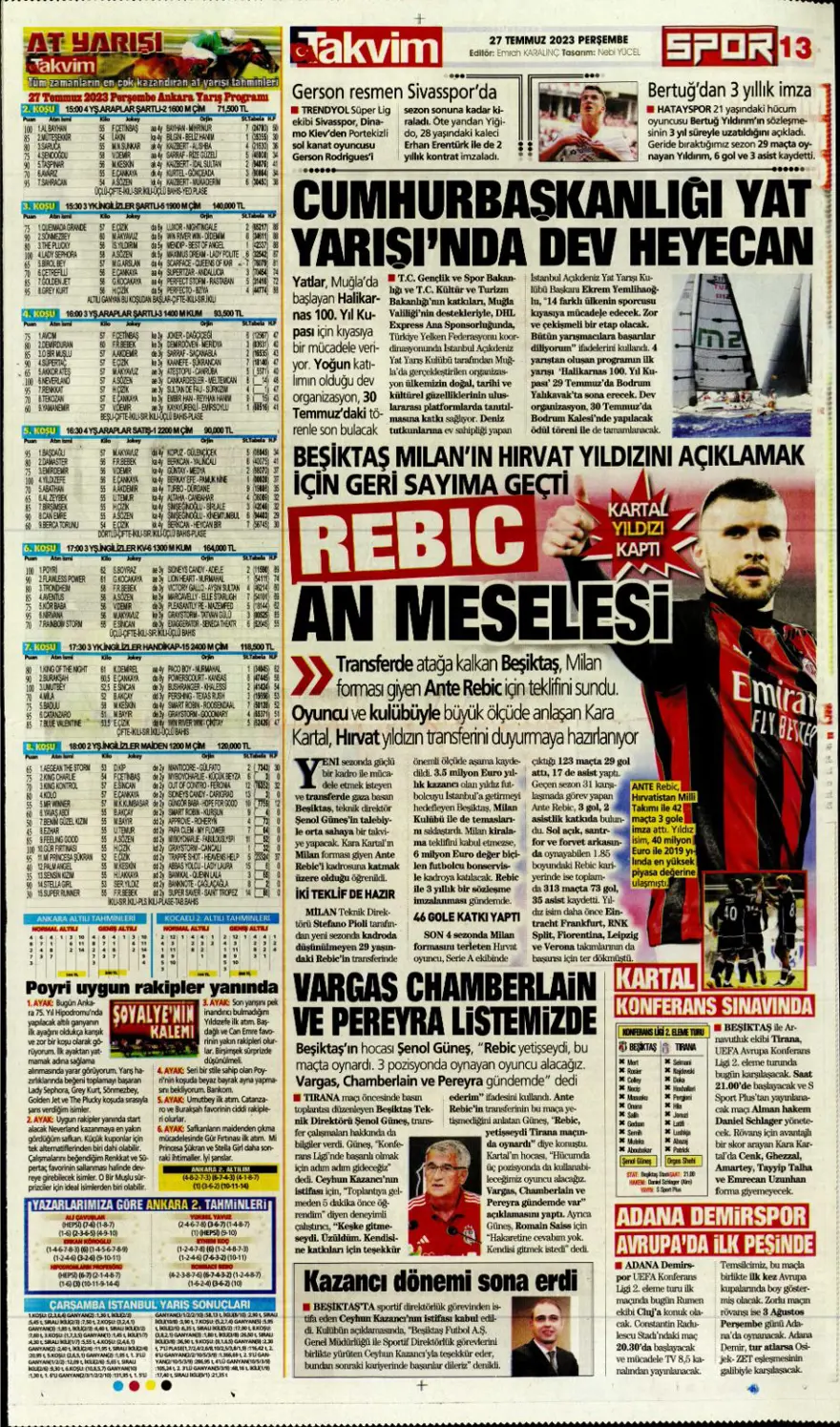 "Hücumda joker Rebic" günün spor manşetleri (27 Temmuz 2023) 29