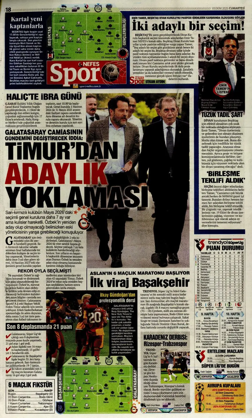 "Yine yeniden Ceballos" (18 Ekim 2025 spor manşetleri) 10