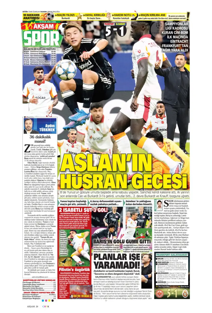 "Kabus gibi başlangıç" (19 Eylül spor manşetleri) 