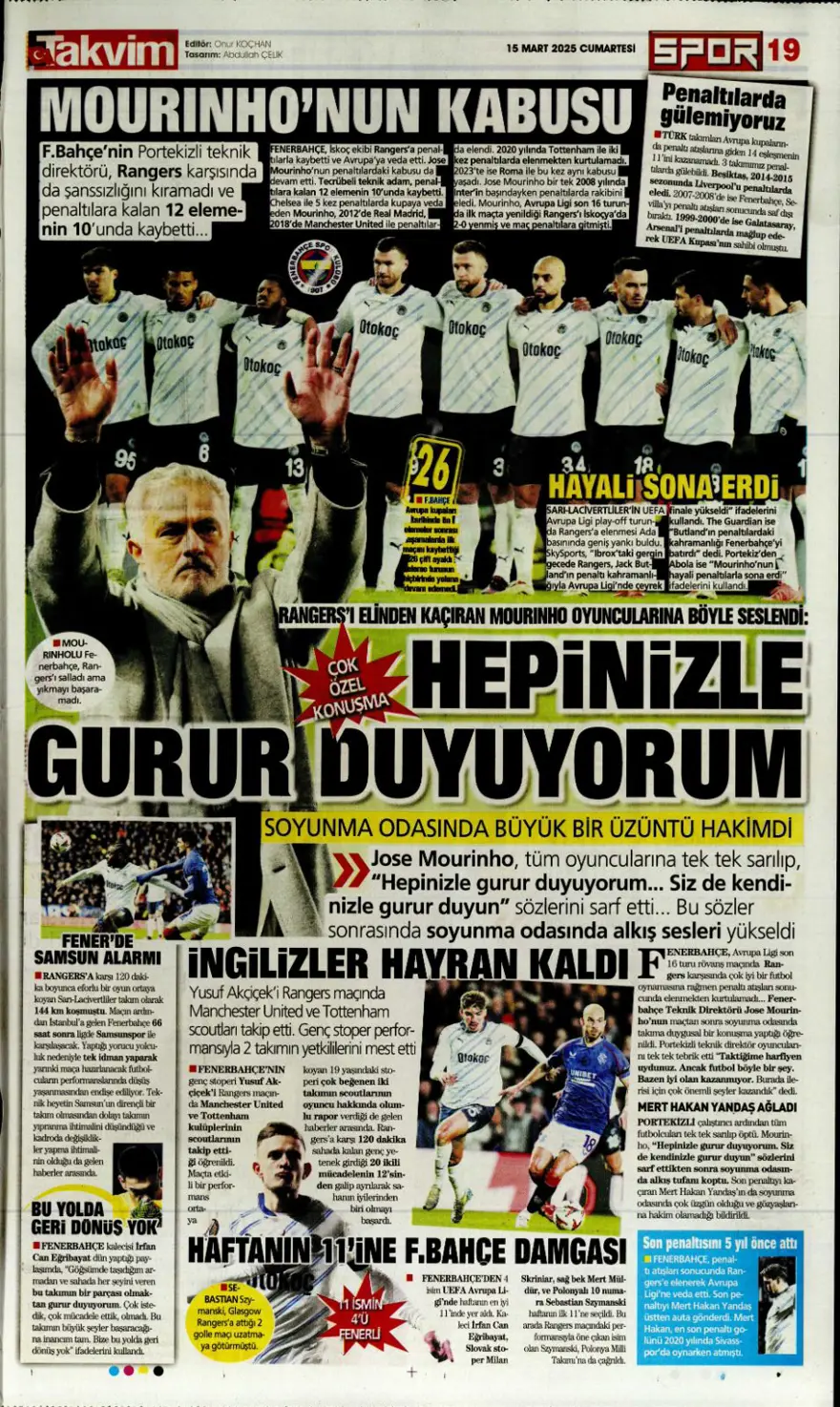 "Zirvede tek başına" (15 Mart 2025 spor manşetleri) 12
