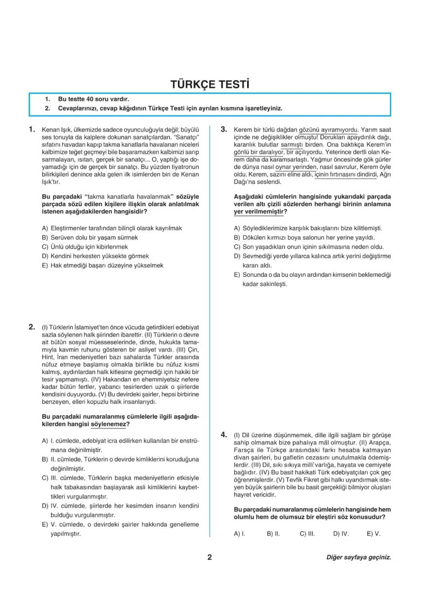 Uğur Okulları TYT -2 deneme sınavı 1