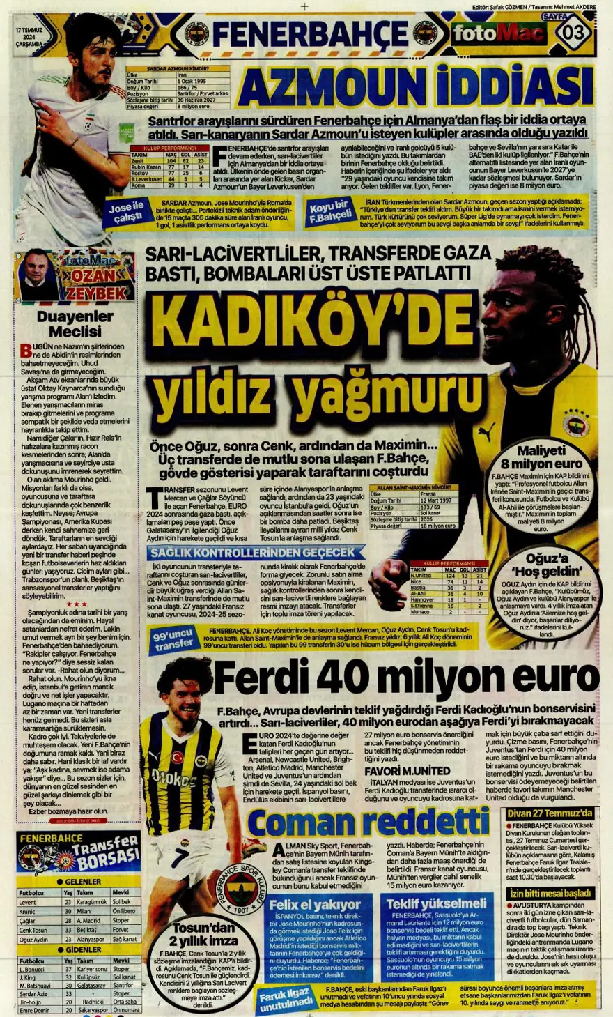 "Son aday Jelert" (17 Temmuz 2024 spor manşetleri) 3