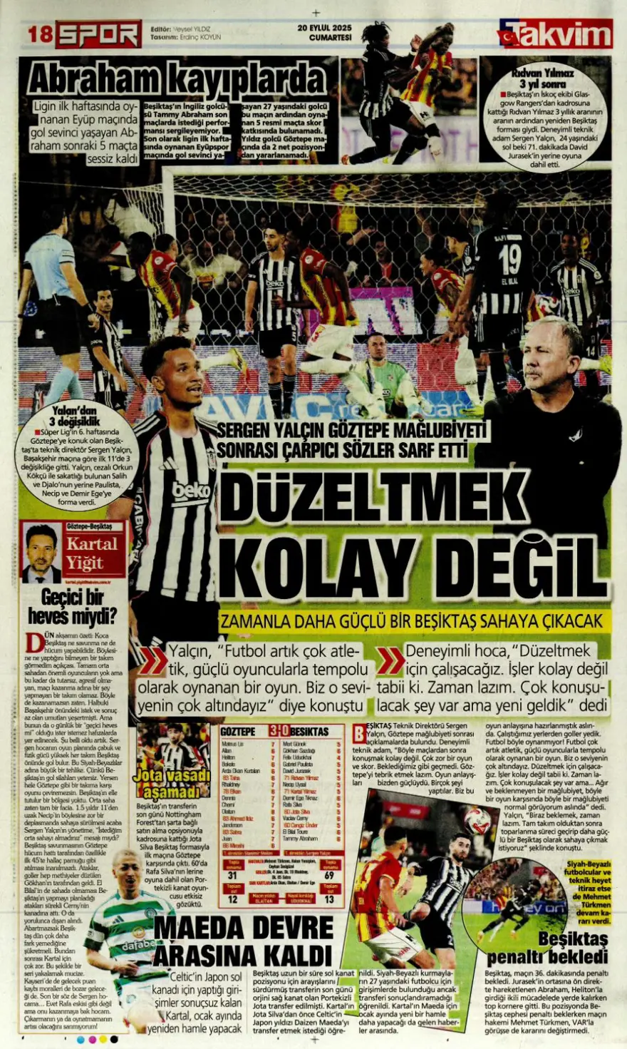 "Kartal yoğun bakımda" (20 Eylül spor manşetleri) 23