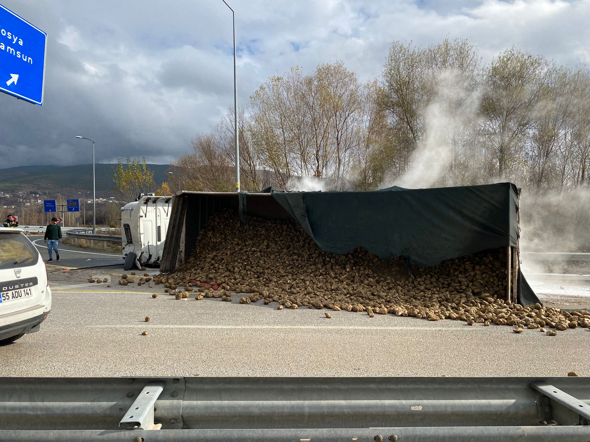 Pancar yüklü TIR devrildi