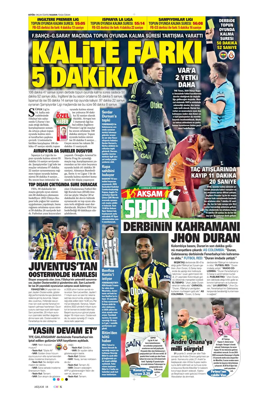 "Kalite farkı 5 dakika" (3 Aralık 2025 spor manşetleri) 3 "Kalite farkı 5 dakika" (3 Aralık 2025 spor manşetleri) 3