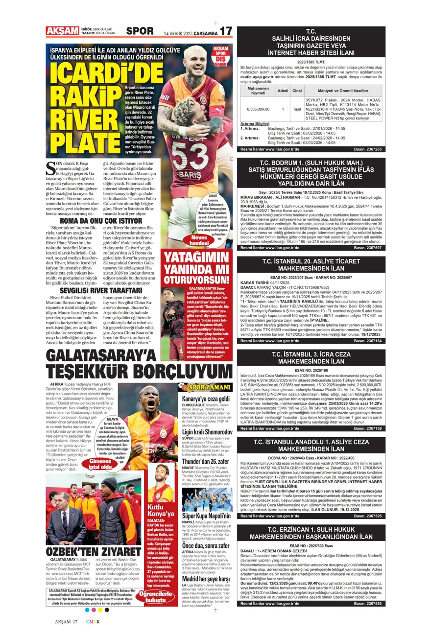 "Kadıköy'de Cerny pençesi" (24 Aralık spor manşetleri) "Kadıköy'de Cerny pençesi" (24 Aralık spor manşetleri)