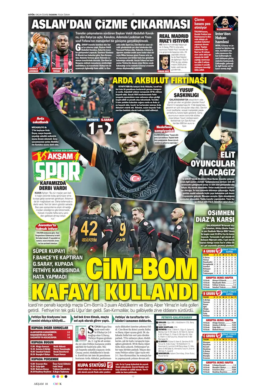 "Fenerbahçe'de Kante haftası" (14 Ocak 2026 spor manşetleri) 23