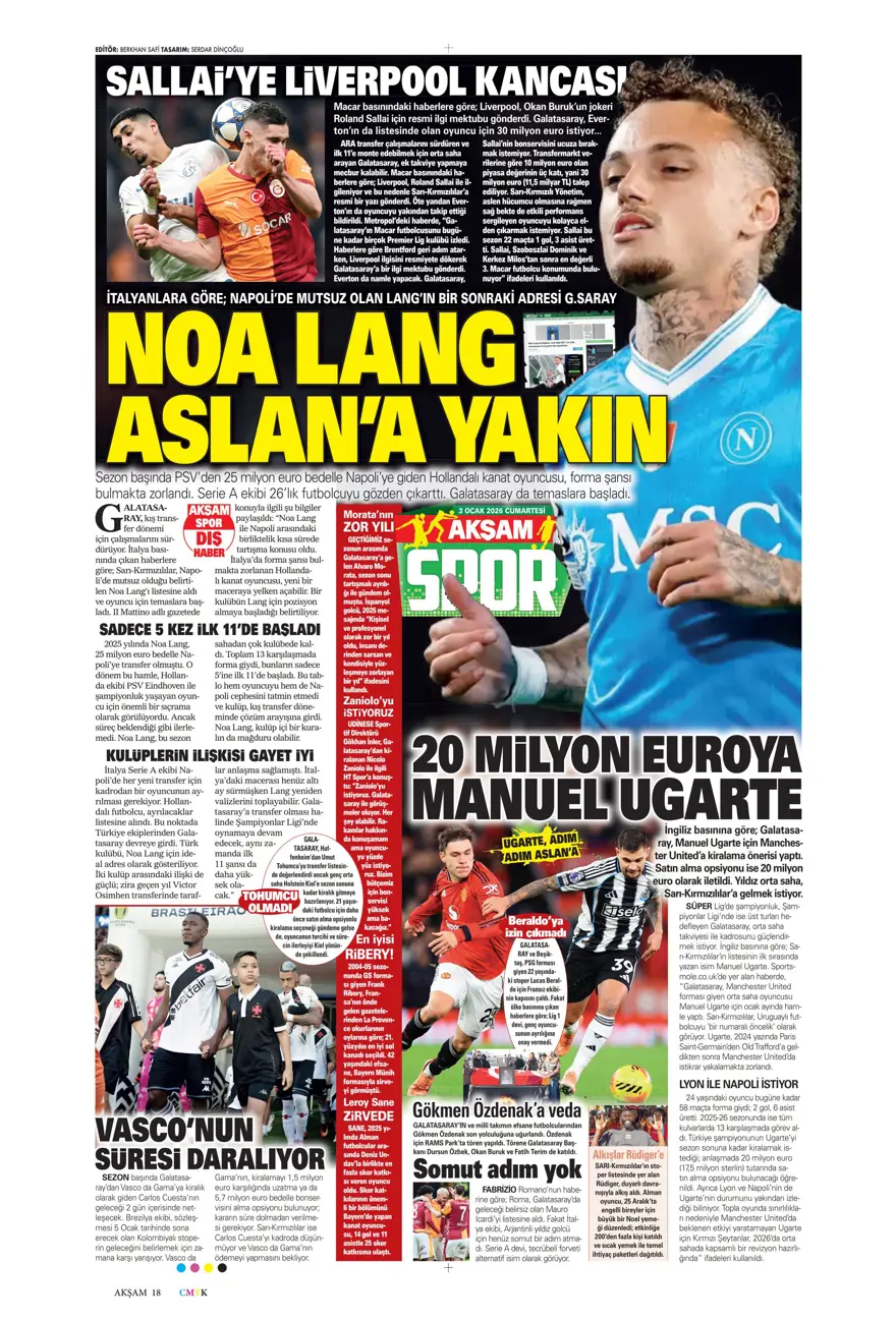"Aslan'dan Salah teklifi" (3 Ocak 2026 spor manşetleri) 25