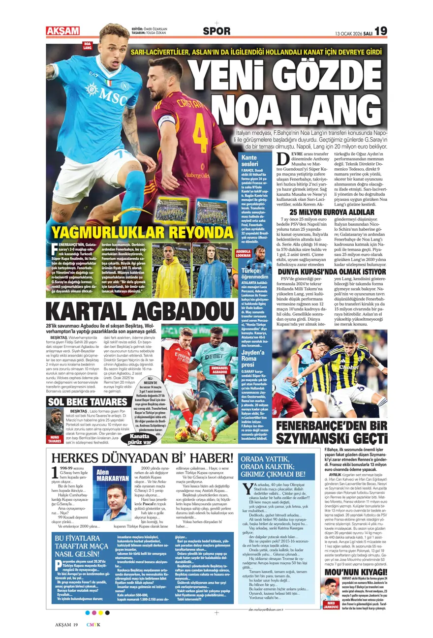 "Aslan'a Ruiz'de dev rakip" (13 Ocak 2026 spor manşetleri) 22