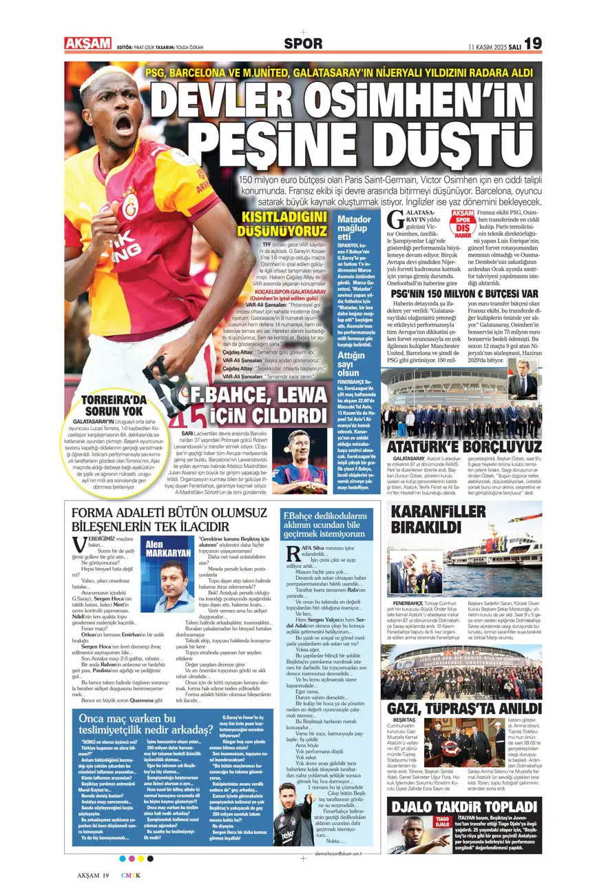 "Osimhen'e niyet, Singo'ya kısmet" (11 Kasım 2025 spor manşetleri) 30