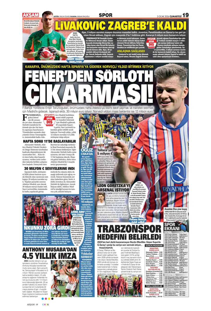 "Aslan'dan Salah teklifi" (3 Ocak 2026 spor manşetleri) 18